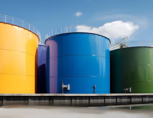 Lagertanks für flüssige Chemikalien in einem Chemiewerk