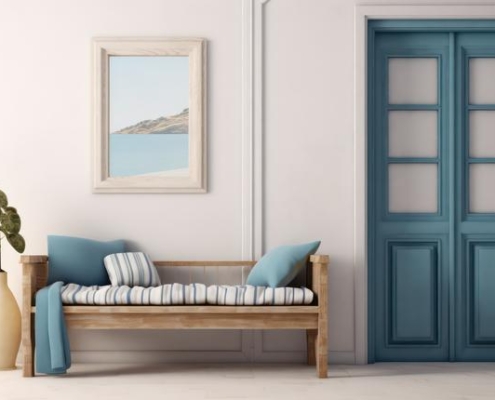 Innenraum im Santorini-Stil mit Sitzbank und leerem Bilderrahmen. 3d-Rendering