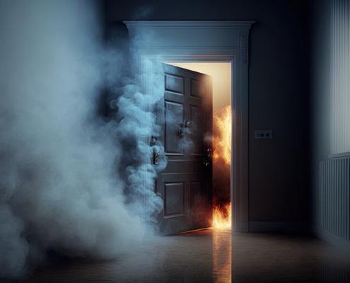 Hausbrand mit Rauchentwicklung aus einer brennenden Kammer unter der Tür. Generative KI