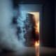 Hausbrand mit Rauchentwicklung aus einer brennenden Kammer unter der Tür. Generative KI