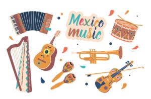 Set von mexikanischen Musikinstrumenten Mariachi Trompete, Vihuela oder Guitarron. Harfe, Akkordeon und Maracas