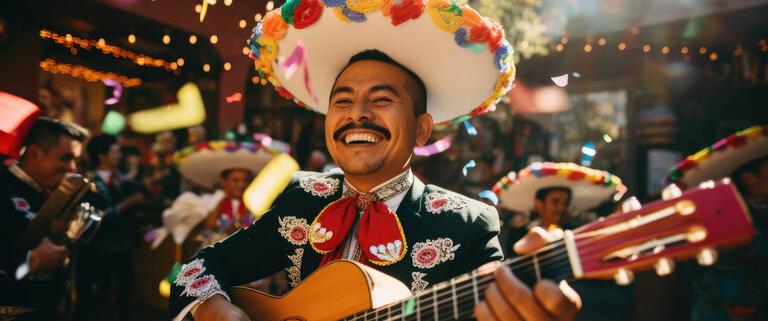 Fiesta auf den Straßen. Mariachi-Band in traditioneller Kleidung beim Musizieren in Mexiko.