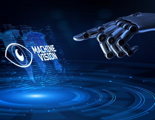 Maschinelles Sehen, Machine Vision, AI künstliche Intelligenz Konzept. Roboterhand drückt Taste