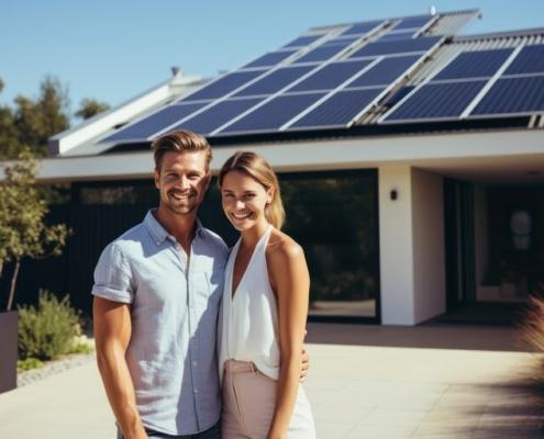 Ein glückliches Paar steht lächelnd in der Einfahrt eines großen Hauses mit installierten Sonnenkollektoren.