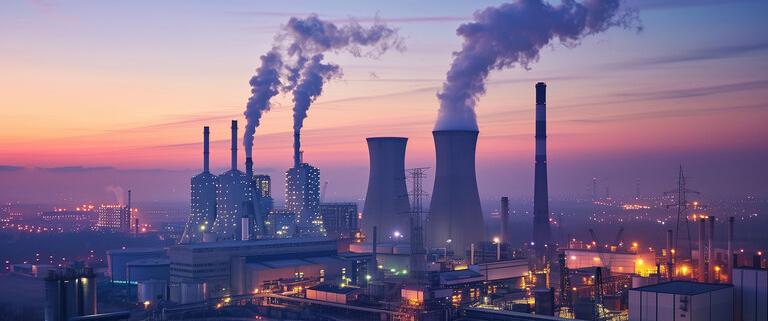 Die Silhouette eines Kraftwerks mit rauchenden Schornsteinen vor einem dämmrigen Himmel, das Energie und Umweltverschmutzung symbolisiert