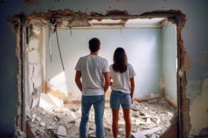 Ein Mann und eine Frau sehen sich ein zerstörtes Zimmer an, DIY-Flipping-Konzept