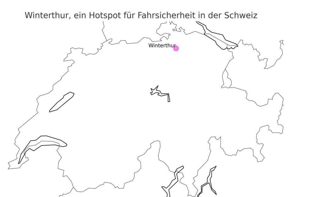 Geographische Karte der Schweiz zeigt Winterthur, hervorgehoben mit einem magentafarbenen Kreis, als bedeutenden Ort für Fahrsicherheit. Die Karte zeigt auch die Grenzen und Küstenlinien der Schweiz
