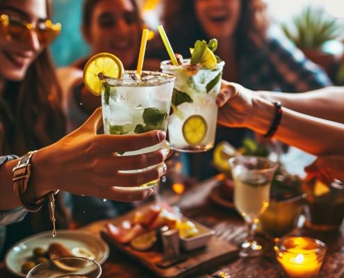 Freunde stoßen mit erfrischenden Mojitos in einer lebhaften Bar an, umgeben von warmem Kerzenlicht, das eine gemütliche und einladende Atmosphäre für den entspannten Ausklang eines Arbeitstages schafft.