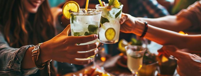 Freunde stoßen mit erfrischenden Mojitos in einer lebhaften Bar an, umgeben von warmem Kerzenlicht, das eine gemütliche und einladende Atmosphäre für den entspannten Ausklang eines Arbeitstages schafft.