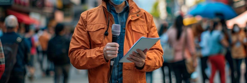 Ein junger Reporter in München hält ein Mikrofon und ein Tablet, während er sich auf ein Straßeninterview vorbereitet, umgeben von der lebhaften Atmosphäre der Stadt, die den urbanen Puls und die Dynamik der Kommunikation einfängt.