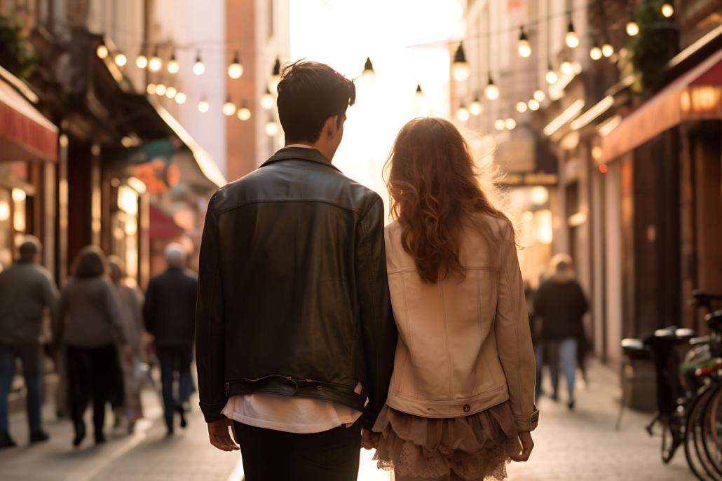 Ein junges Paar genießt einen romantischen Spaziergang durch eine belebte Straße in München bei Sonnenuntergang, umgeben von warmem Licht und städtischem Flair, das die romantische Atmosphäre der Stadt einfängt.