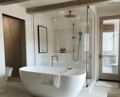 Helles Badezimmer mit eleganten Glas-Duschrückwänden, freistehender Badewanne und modernen Armaturen