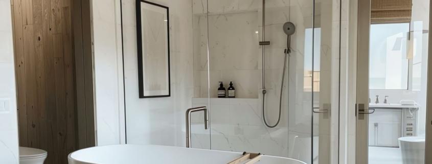 Helles Badezimmer mit eleganten Glas-Duschrückwänden, freistehender Badewanne und modernen Armaturen