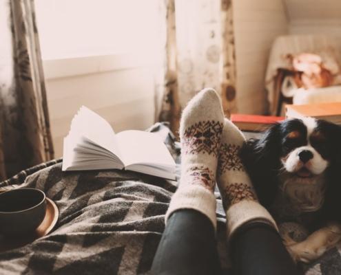 Person entspannt im Bett mit warmen Wollsocken, einem Buch, einer Tasse Kaffee und einem Hund an ihrer Seite