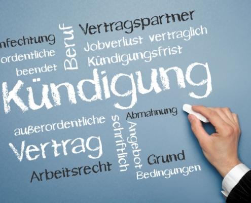 Wortwolke mit Begriffen rund um das Arbeitsrecht wie Kündigung, Vertrag, Kündigungsfrist und Abmahnung – wichtige Themen für eine kündigungsschutzklage.