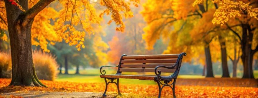 Eine elegante Parkbank unter einem Baum mit leuchtend gelben Herbstblättern. Perfekter Ort zum Entspannen in der Natur