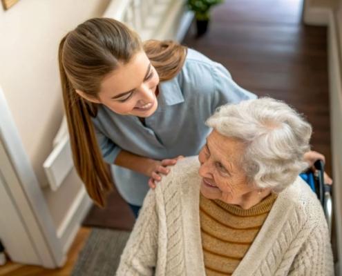 Junge Betreuungskraft lächelt eine Seniorin im Rollstuhl an – persönlicher Moment im Pflegealltag während der Betreuungsassistent Ausbildung
