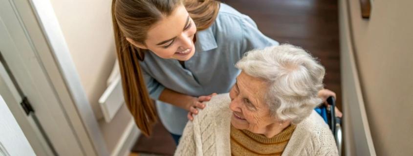 Junge Betreuungskraft lächelt eine Seniorin im Rollstuhl an – persönlicher Moment im Pflegealltag während der Betreuungsassistent Ausbildung