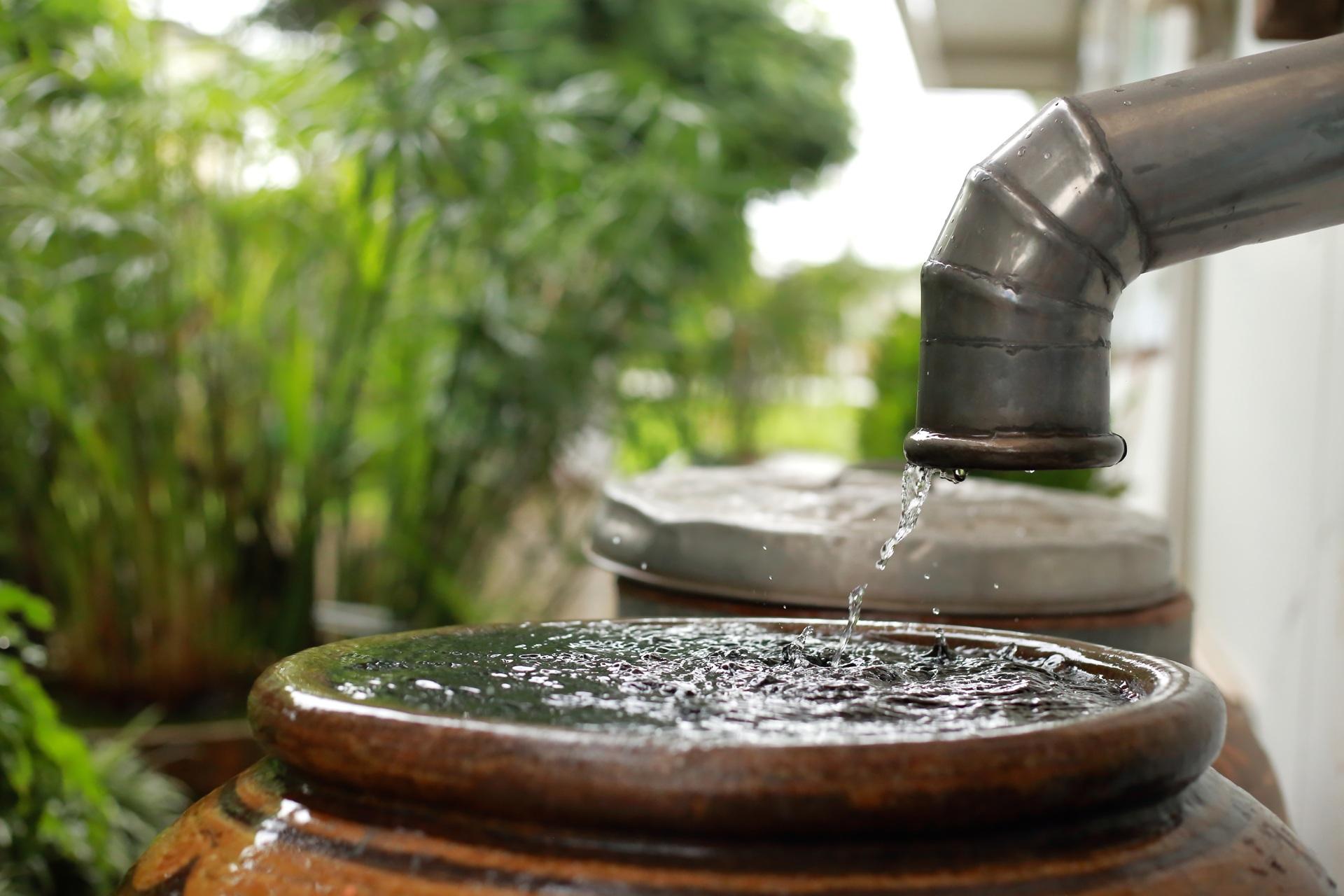 Regenwasser fließt in Tonne | Fallrohr Filter