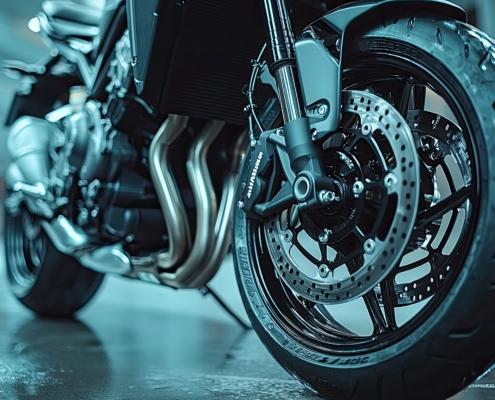 Detailaufnahme Vorderrad und Bremssystem eines Motorrads als Symbol für technische Motorrad Sicherheit