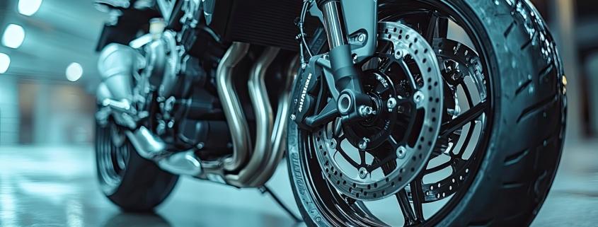 Detailaufnahme Vorderrad und Bremssystem eines Motorrads als Symbol für technische Motorrad Sicherheit