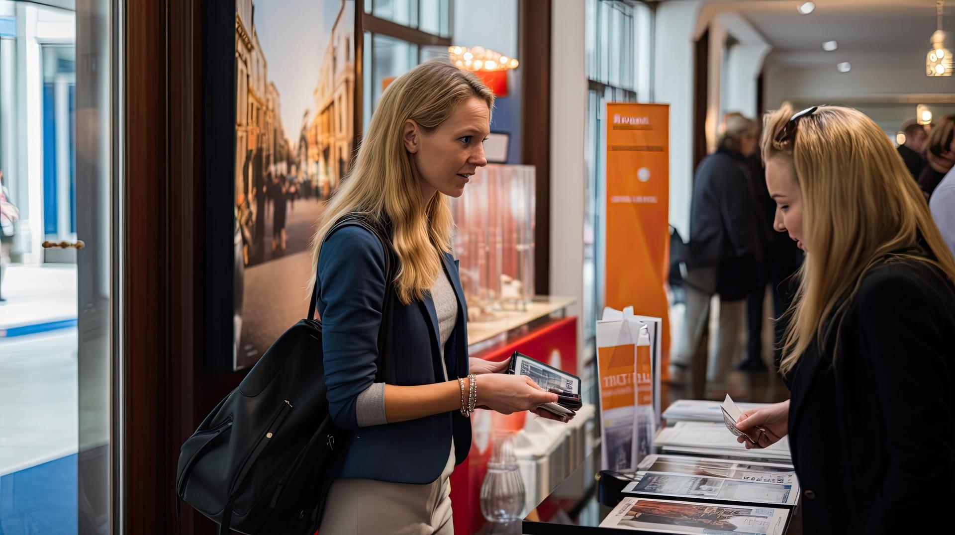 Persönliches Gespräch an Infotisch im Messeumfeld | Messestand 