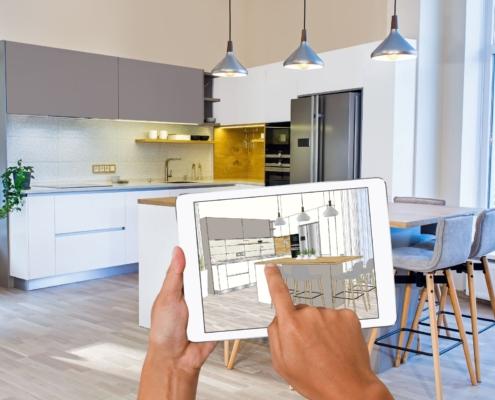Moderne offene Wohnküche mit Tablet und digitaler Küchenplanung – Küche kaufen und gestalten