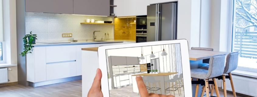 Moderne offene Wohnküche mit Tablet und digitaler Küchenplanung – Küche kaufen und gestalten