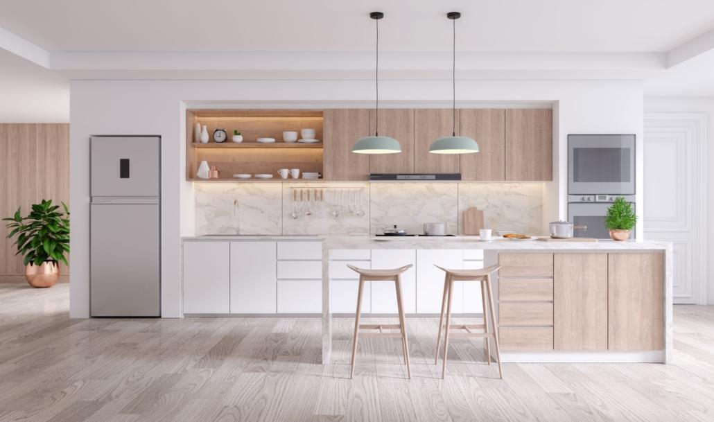 Moderne helle Einbauküche mit Holzakzenten und Kücheninsel – stilvolle Planung beim Küche kaufen