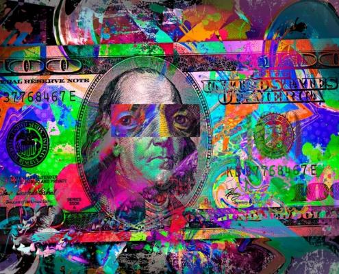 Kreative Dollar-Graffiti-Collage mit Benjamin Franklin