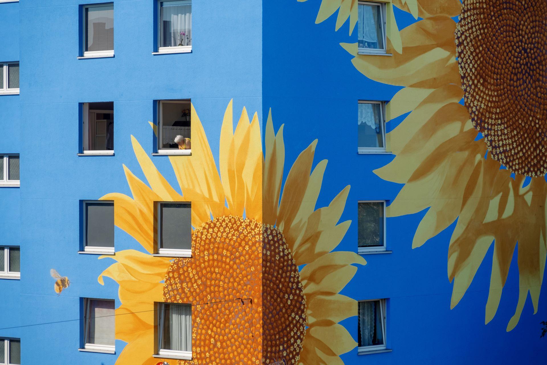Fassade mit Sonnenblumen-Wandbild in Wohngebiet