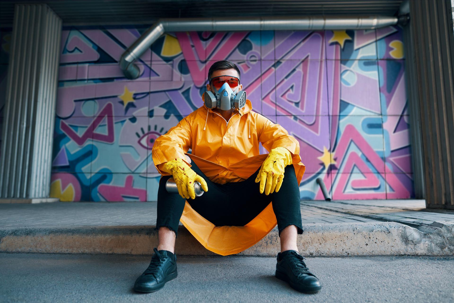Graffiti-Künstler mit Atemmaske vor bemalter Wand
