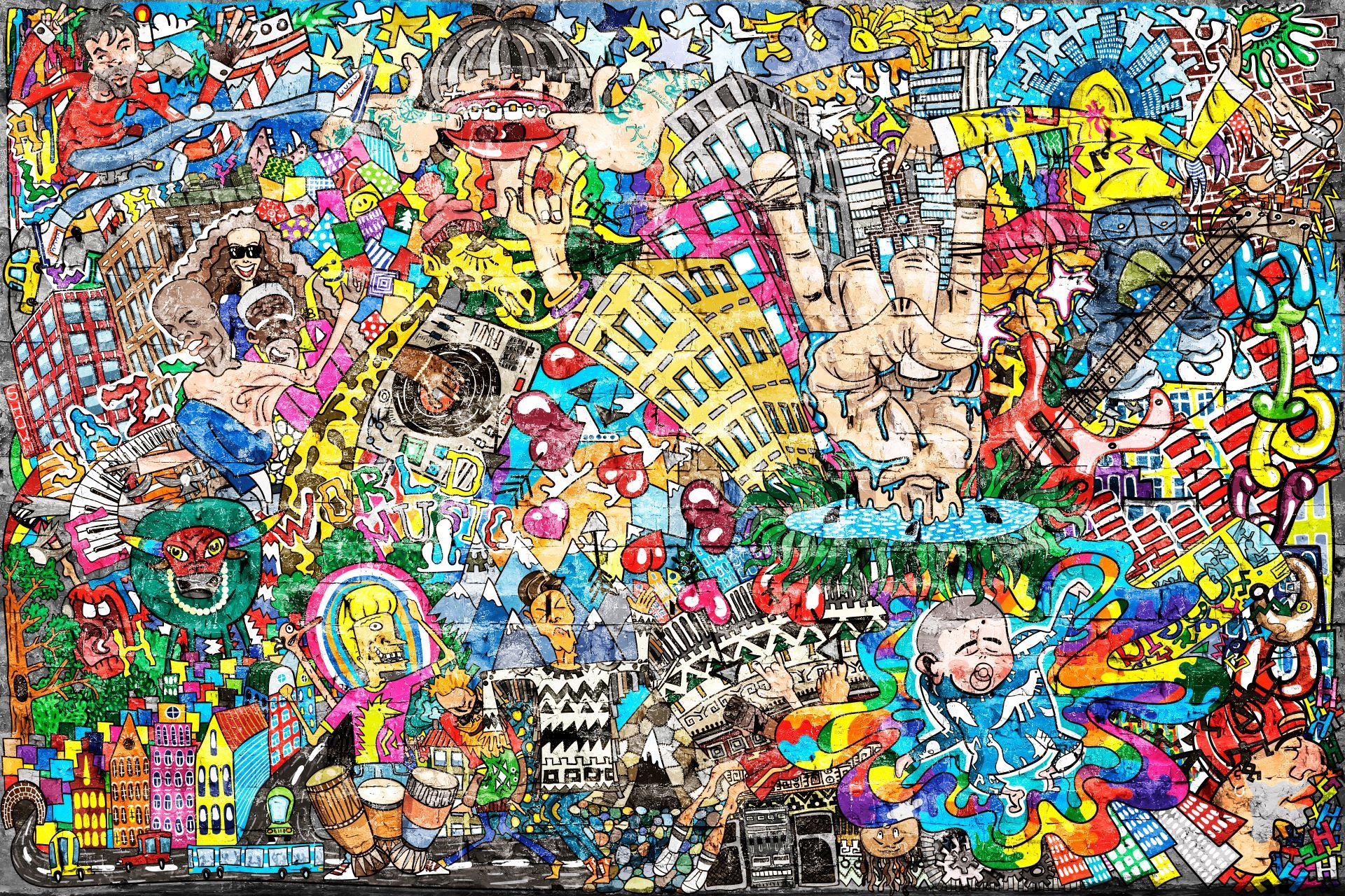 Bunte Graffiti-Collage mit urbanen Elementen