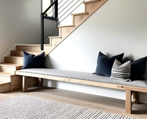 Helles Treppenhaus mit Sitzbank und Seilgeländer | Holztreppen Hamburg