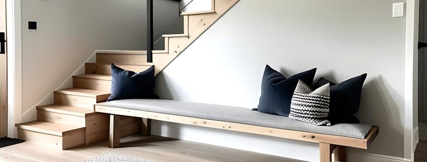 Helles Treppenhaus mit Sitzbank und Seilgeländer | Holztreppen Hamburg