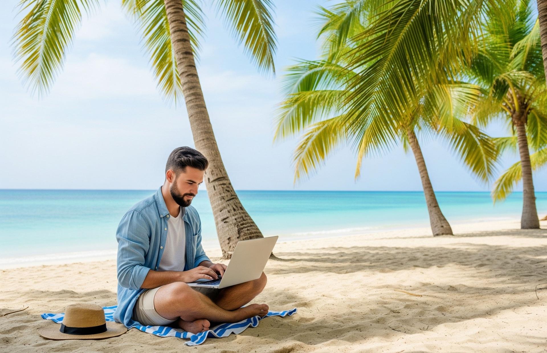 Mann mit Laptop unter Palmen am Strand | Jobs am Meer