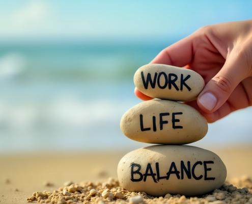 Steine mit Work Life Balance am Strand | Jobs am Meer