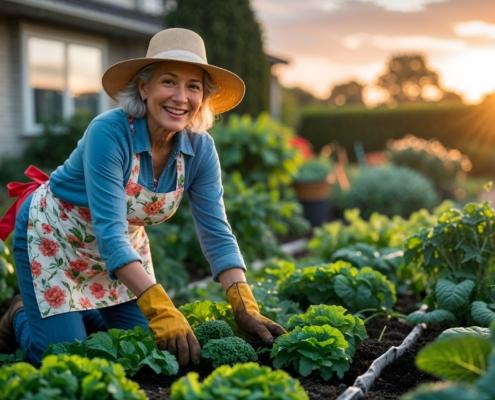 Frau pflanzt Gemuese im Gartenbeet bei Sonnenuntergang | Saatgut kaufen