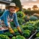 Frau pflanzt Gemuese im Gartenbeet bei Sonnenuntergang | Saatgut kaufen