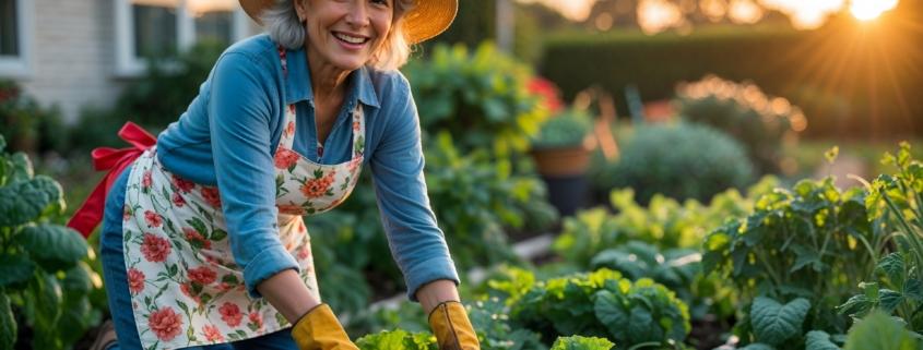 Frau pflanzt Gemuese im Gartenbeet bei Sonnenuntergang | Saatgut kaufen