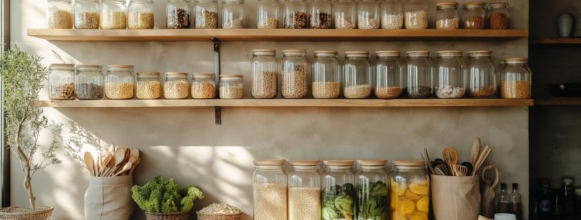 Glasbehaelter mit Lebensmitteln in Vorratsregal geordnet | Lebensmittel einschweißen