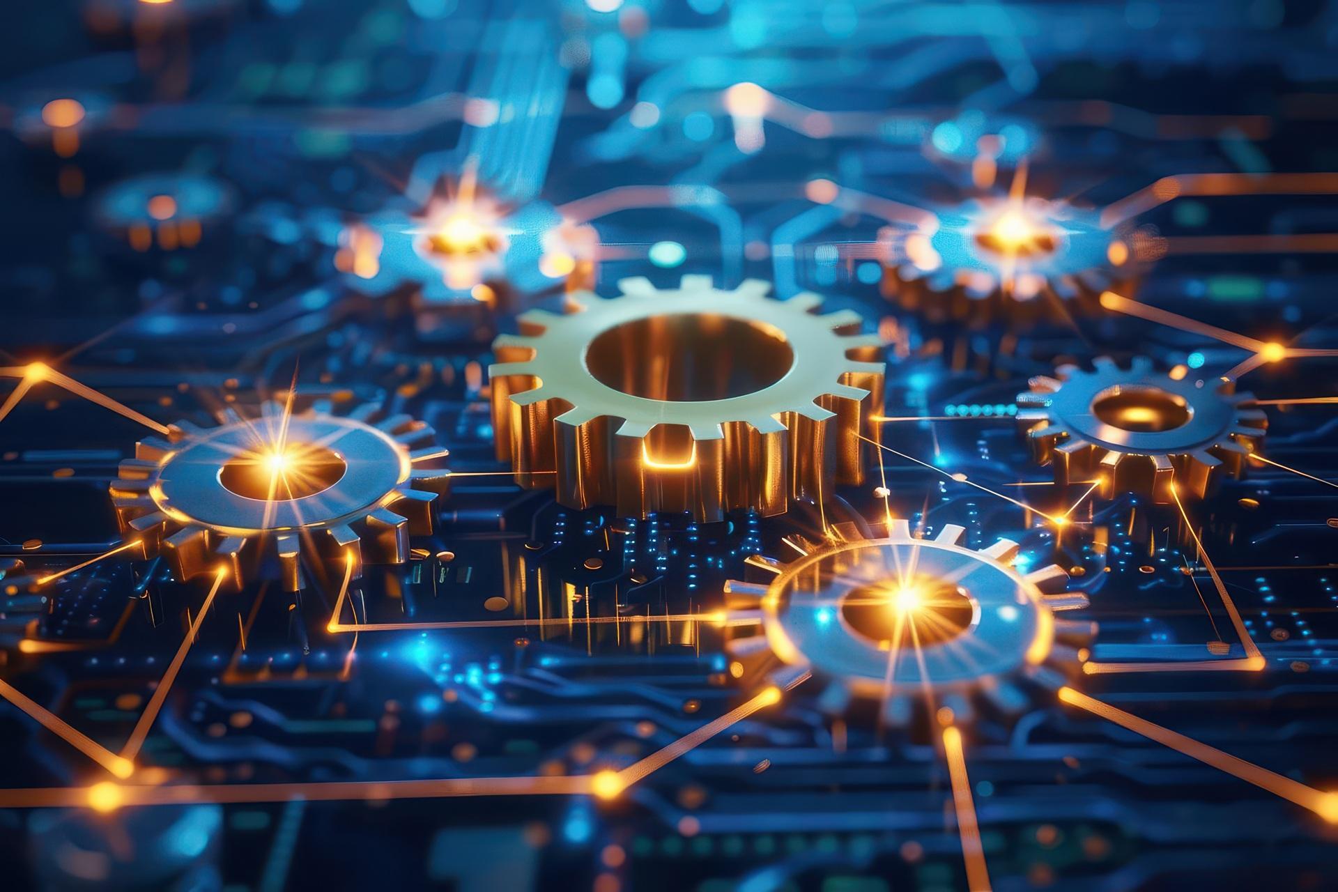 Leuchtende Zahnräder als Symbol digitaler Prozesse | Frästeile
