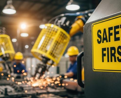 Gelbes Safety-First-Schild in Fertigungshalle | Laser Absaugung