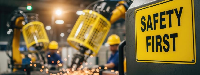 Gelbes Safety-First-Schild in Fertigungshalle | Laser Absaugung