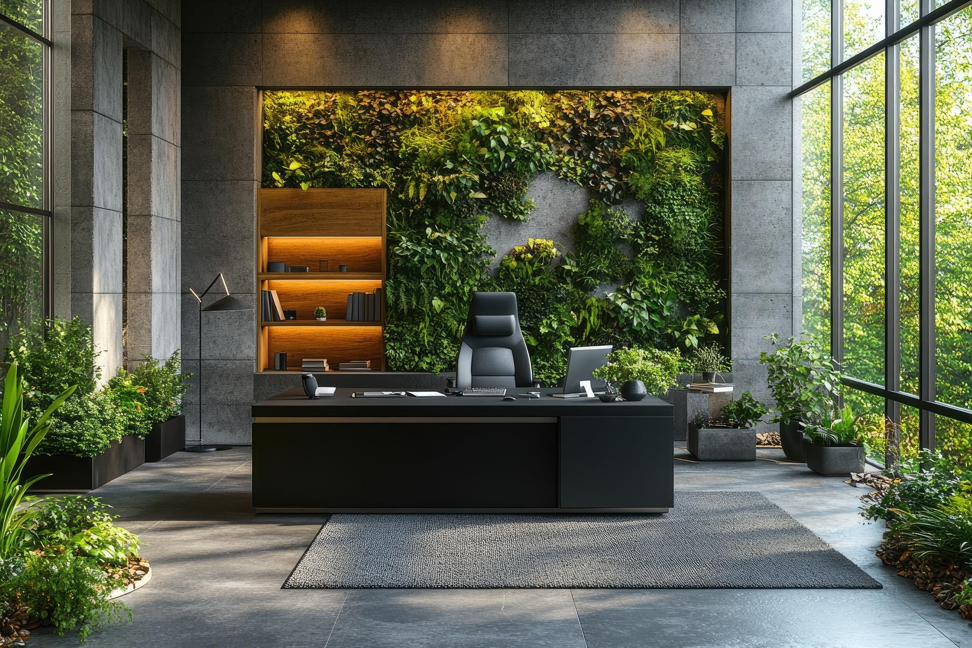 Großer Büroraum mit üppiger Pflanzenwand hinter dem Schreibtisch | Wand aus Moos