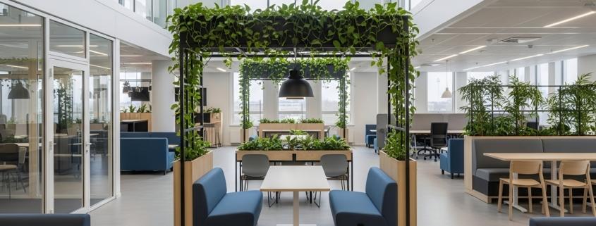 Helles Großraumbüro mit vielen grünen Elementen und Raumteilern | Wand aus Moos