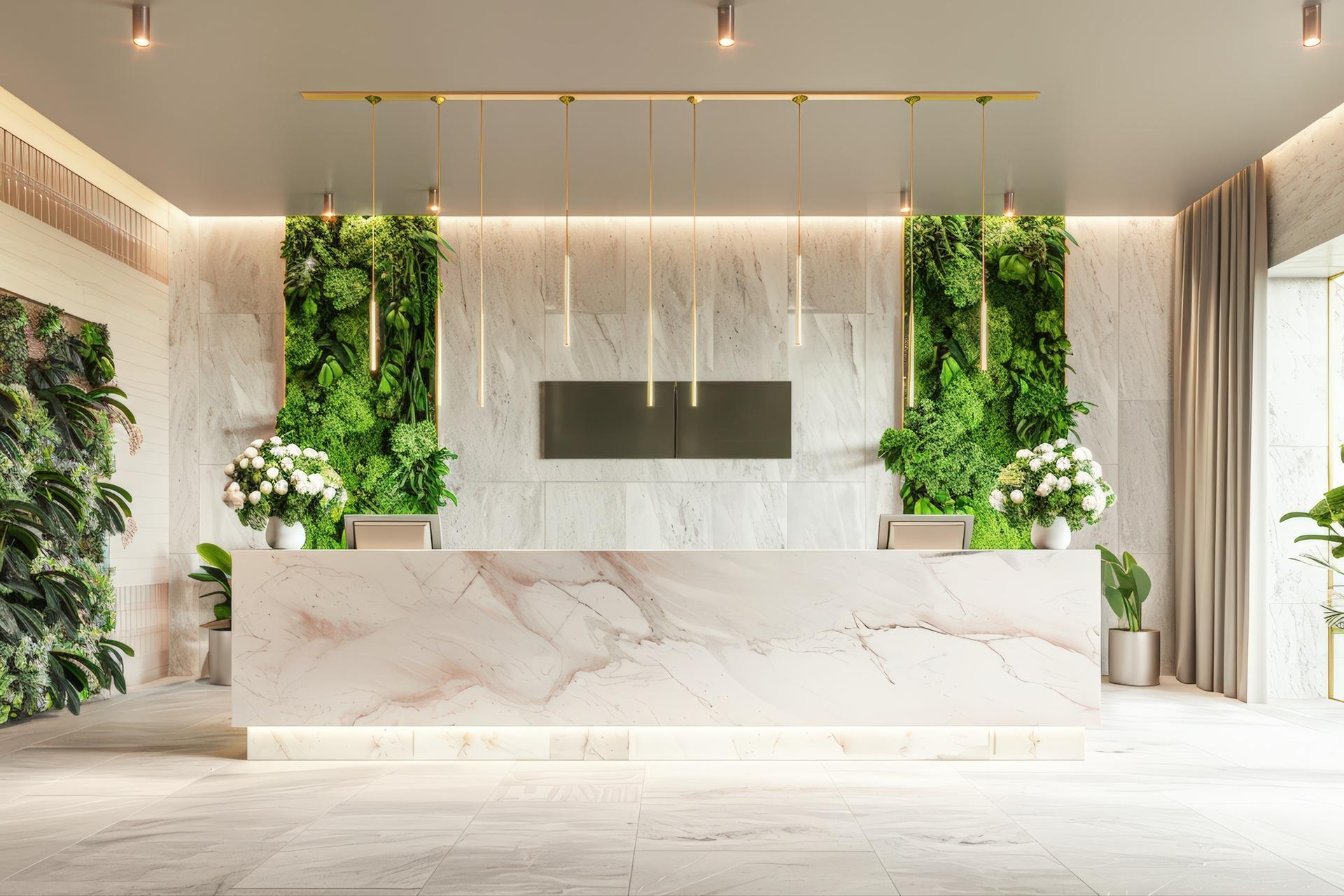 Moderne Rezeption mit vertikalen Moosflächen als Akzent | Wand aus Moos